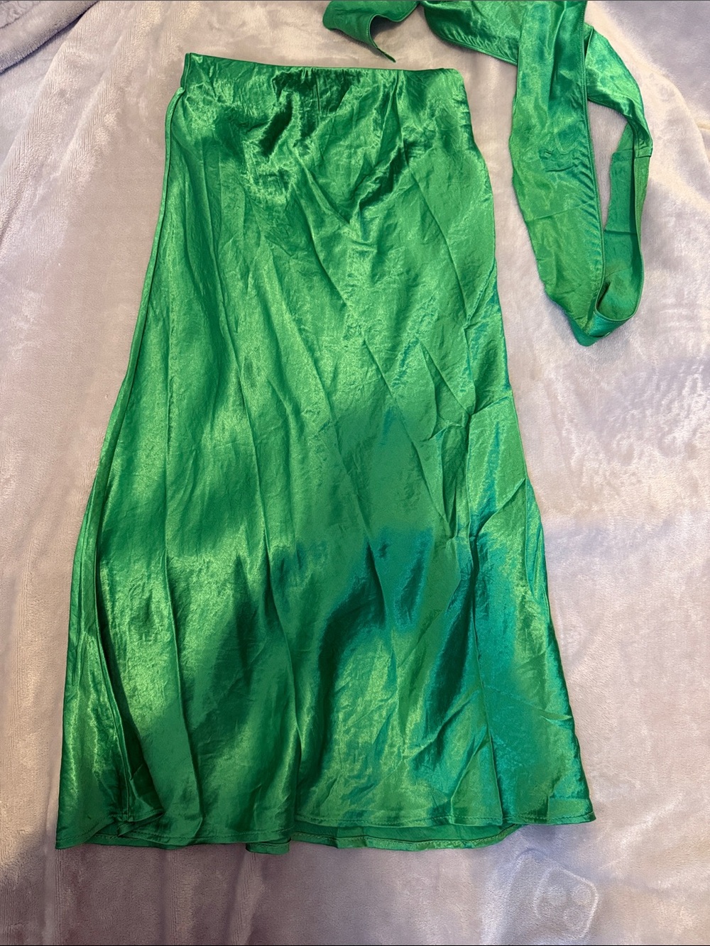 Babaton Shiny Emerald Green Satin Midi Skirt with accessory scarf